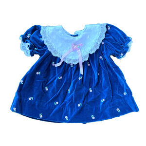 Vintage Baby Velvet Dress 6–9M Blue Rose Embroidery Lace Collar 100% Cotton